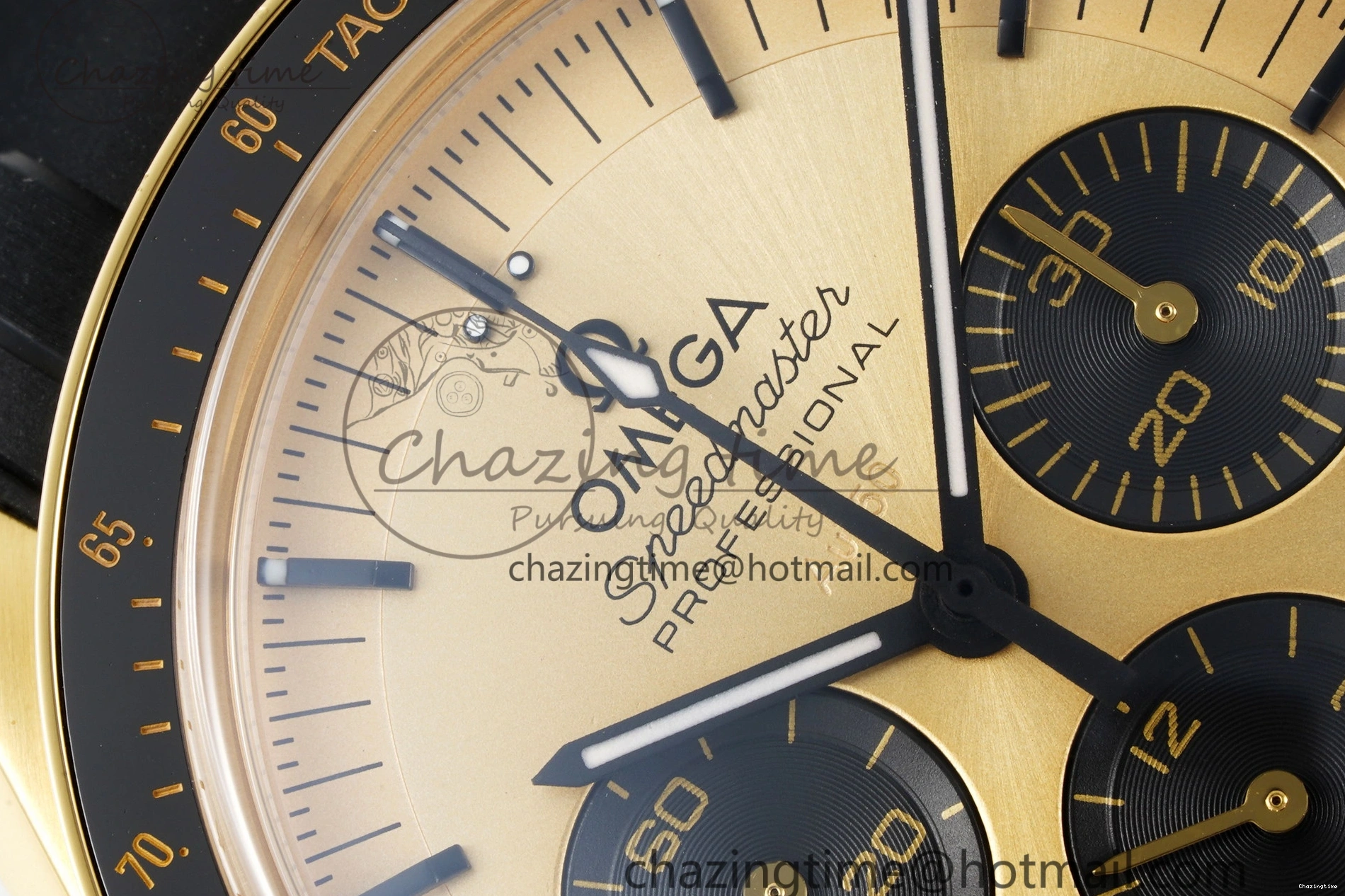 0421 TimelessDesign Speedmaster Moonwatch in Moonshine Gold YG RMF Best Edition YG Dial on Black Rubber Strap Manual Chrono 7834